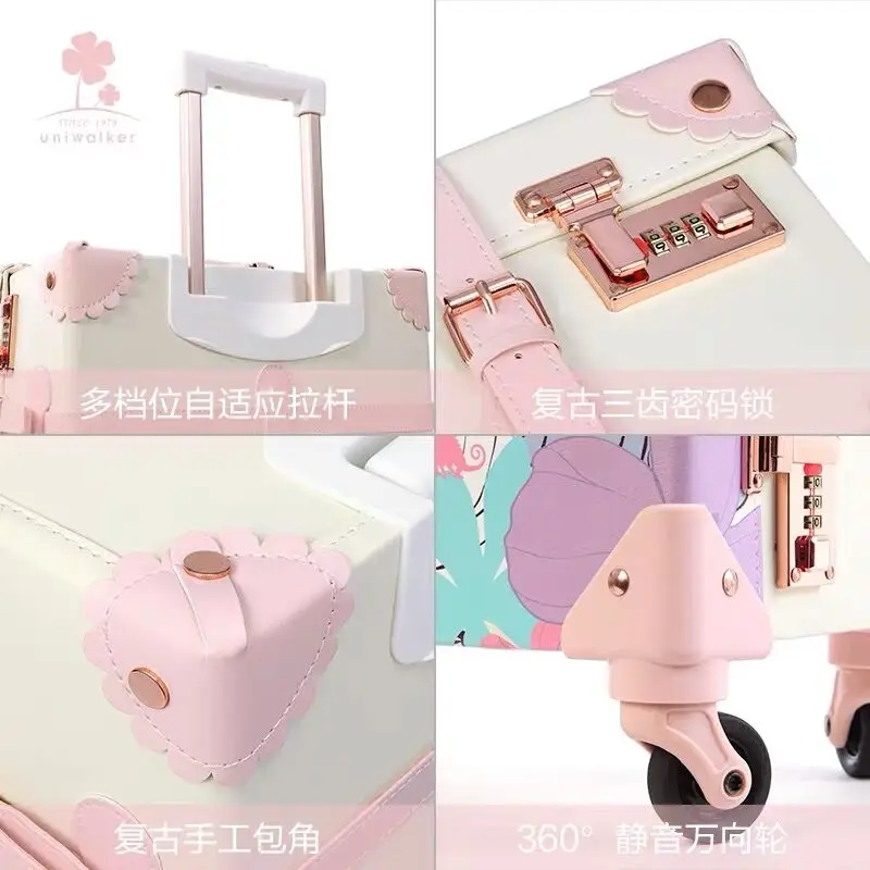 Neue Nette Cartoon PU Reisetasche Roll Gepäck sets,20 "24" 26 "zoll Frauen Retro Trolley Koffer mit handtasche auf Universal Räder