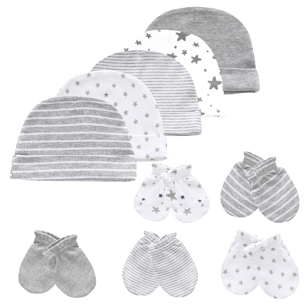 Conjuntos de gorros y manoplas para recién nacido, niño y niña, cómodos gorros y 5 uds., guantes de algodón, accesorios para bebé pequeño, 5 uds.