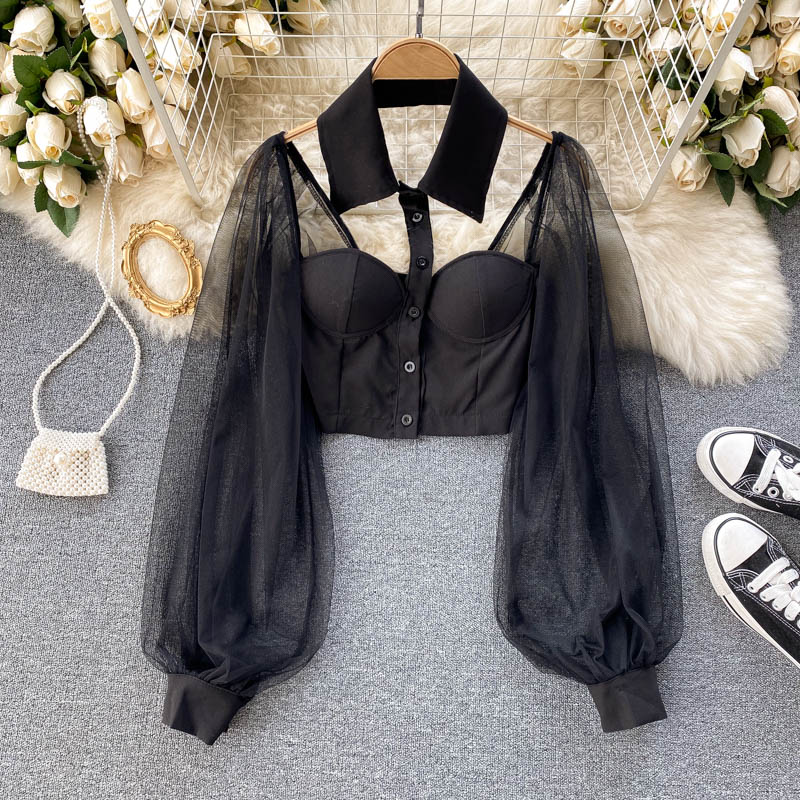 Damska siatkowa zwykła bluzka przezroczysta z długim rękawem krótki Top jednorzędowa koszula bluzka moda Backless seksi koszulka damska