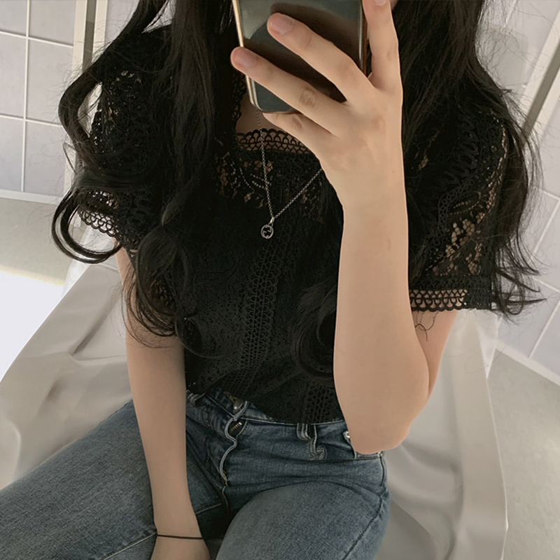 높은 품질 여름 우아한 화이트 레이스 블라우스 셔츠 여성 짧은 소매 섹시 Streetwear 빈 자 수 블라우스 가을 탑스