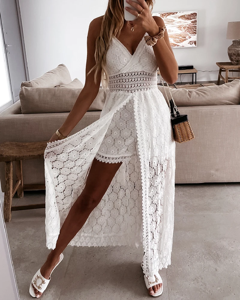 Macacão de sling sem mangas oco feminino, macacão de cintura alta, macacão branco casual, gola V, monocromático, branco, roupa de festa, verão
