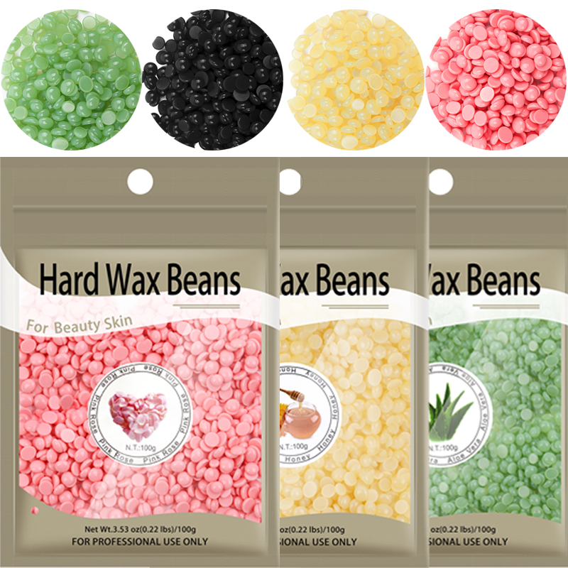 100 g/paquete de granos de cera, película caliente depilatoria, pellets de cera, Bikini, cara, piernas, brazo, crema para eliminar el vello, sin tira, frijol sólido para mujeres y hombres