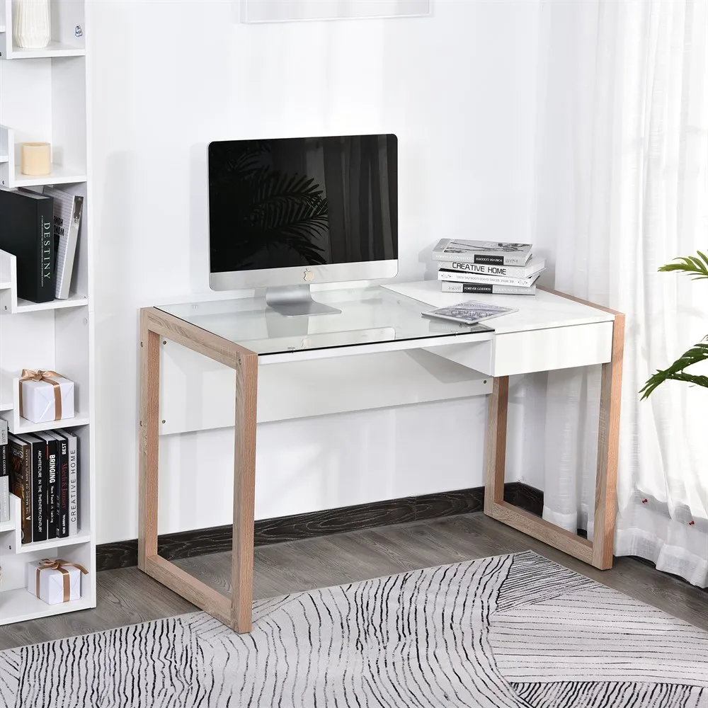 HOMCOM modern computer table top cassetto in vetro temperato 120x60x75cm bianco
