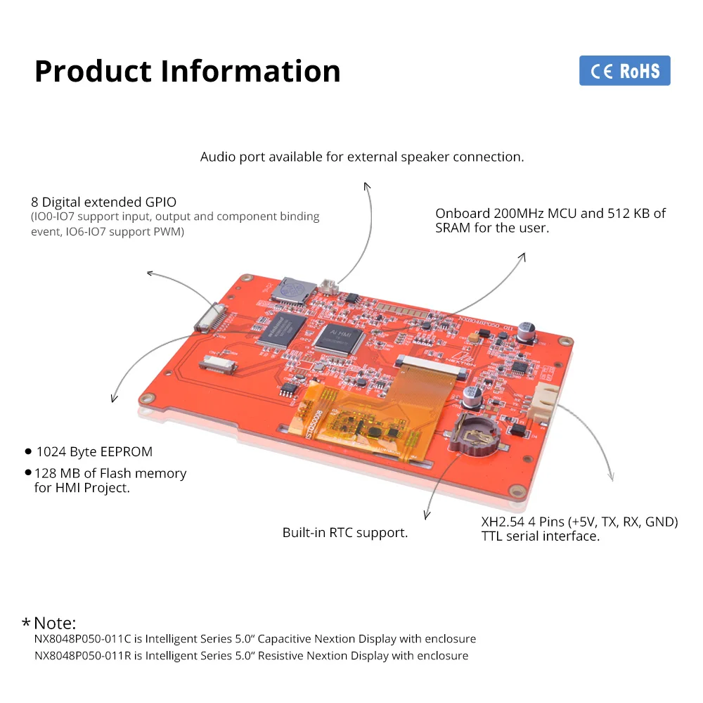 Nextion 5.0 Inch LCD-TFT Màn Hình HMI Module Hiển Thị Thông Minh Dòng RGB 65K Màu Điện Dung/Cảm Ứng Điện Trở Bảng Điều Khiển Mà Không Vỏ