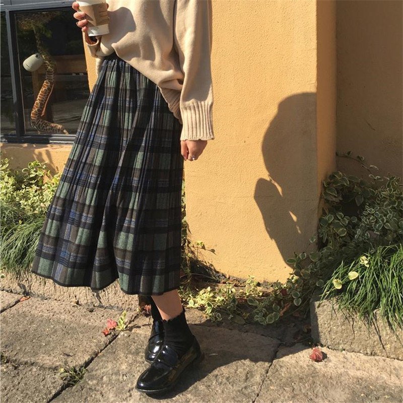 Vintage Wol Geplooide Geruite Rok Vrouwen Hoge Taille Plus Size Lange Rok 2022 Herfst Winter Harajuku Vrouwelijke Party Rok Streetwear