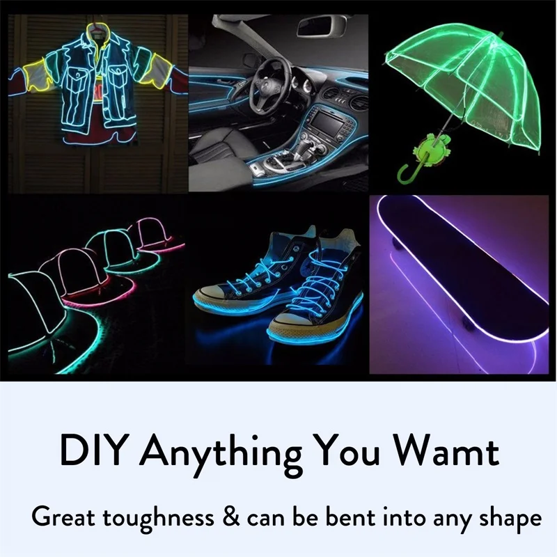 ยืดหยุ่นนีออนเรืองแสงรถ EL ลวด LED กันน้ําเชือก DIY รถ, ปาร์ตี้, ห้อง, ตกแต่งเสื้อผ้า, 1 m, 2 m, 3 M, 4 M, 5 m
