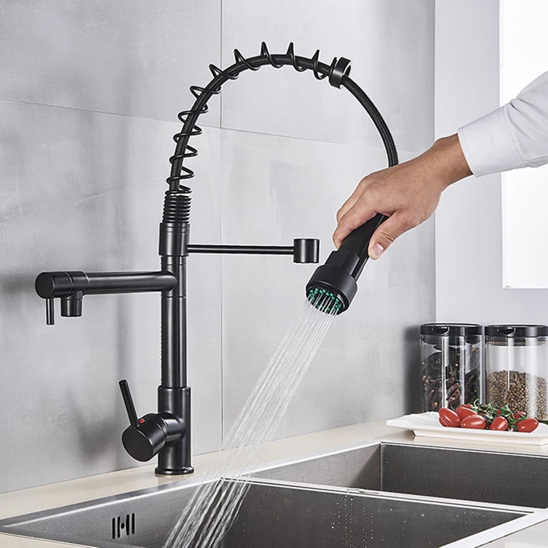 สีดําดึงทองเหลืองก๊อกน้ําอ่างล้างจานร้อนเย็นน้ํา Mixer Crane TAP Dual Spout 360 หมุนสูงก๊อกน้ําติดตั้ง