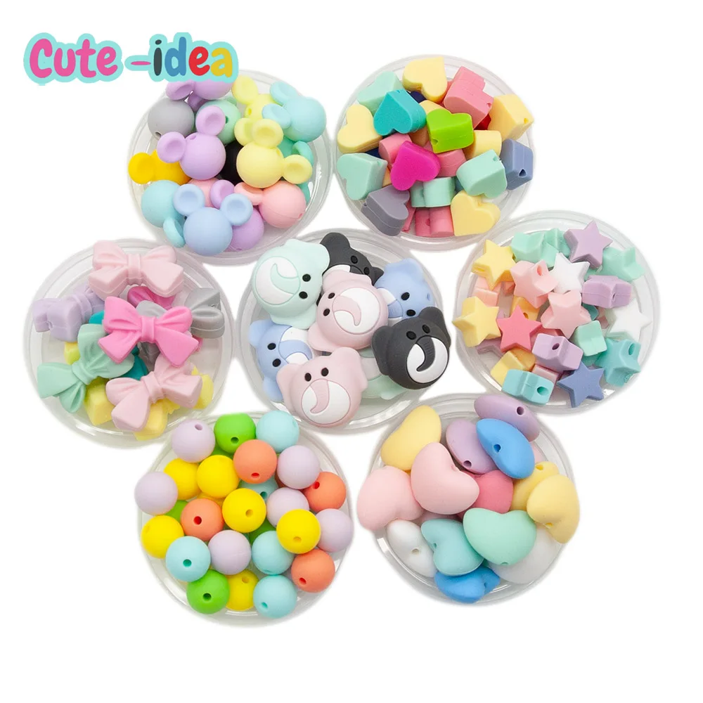Силиконовые бусины для прорезывателя Cute-Idea, 10 шт./лот, не содержит БФА, Мультяшные животные, жевательные бусины для прорезывания зубов, соска «сделай сам» на цепочке, аксессуары, игрушки