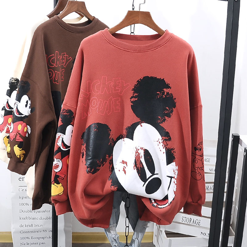 Disney pull femmes dessin animé Mickey Minnie peluche épaissi pull printemps automne lâche coréen sans chapeau épaissi pull à la mode