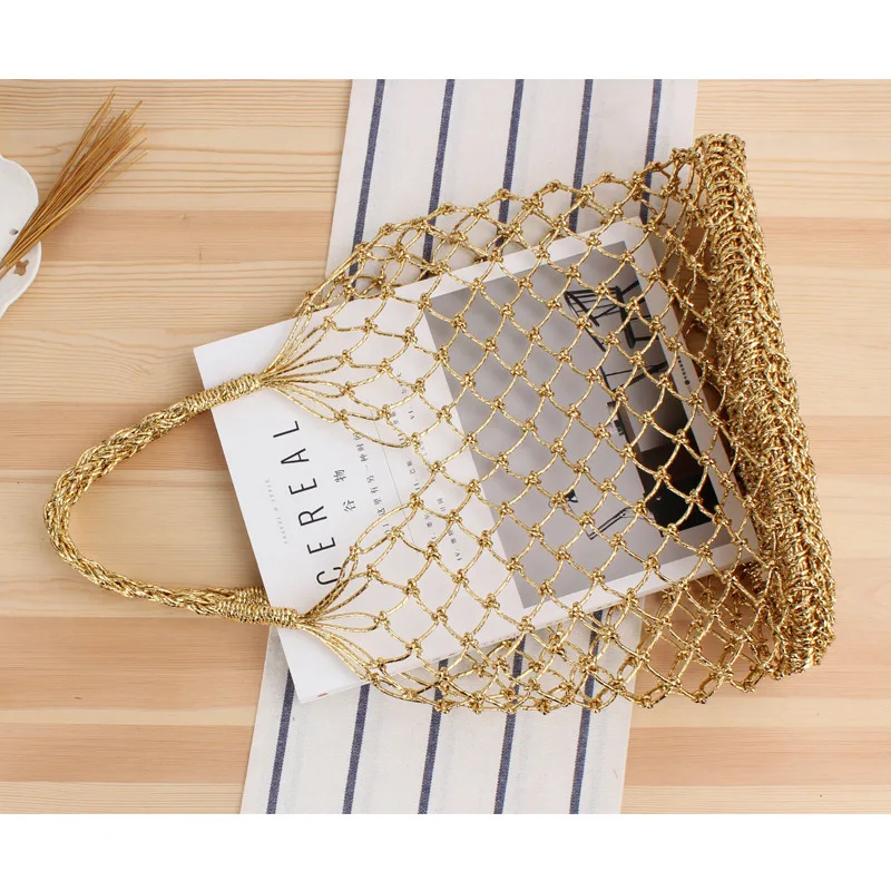 28X35CM Ins Mới Nguyên Chất Màu Vàng Và Bạc Ren Tay Túi Đeo Chéo Xu Hướng Nữ Phong Cách Tự Nhiên Túi Xách ống Hút Túi Túi Xách Đi Biển A7158