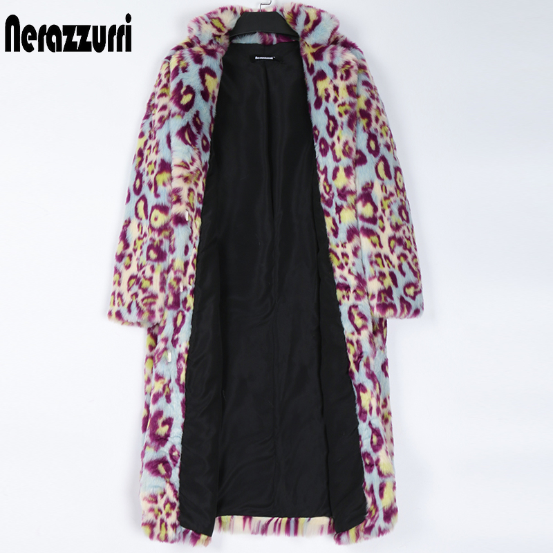 Nerazzurri Multicolor ยาวสีสันเสือดาวพิมพ์ Faux Fur Coat หนาสตรีแฟชั่นฤดูหนาวเสื้อผ้า2022 5xl 6xl 7xl