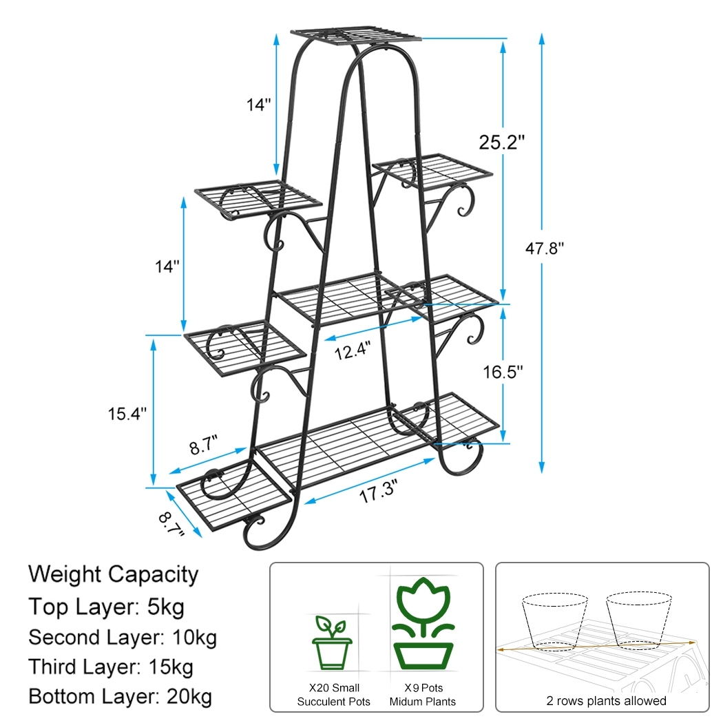 Supporto per piante a 9 livelli supporto per scaffale per piante in metallo per interni espositore per fioriere in vaso multistrato per esterni Patio Garden