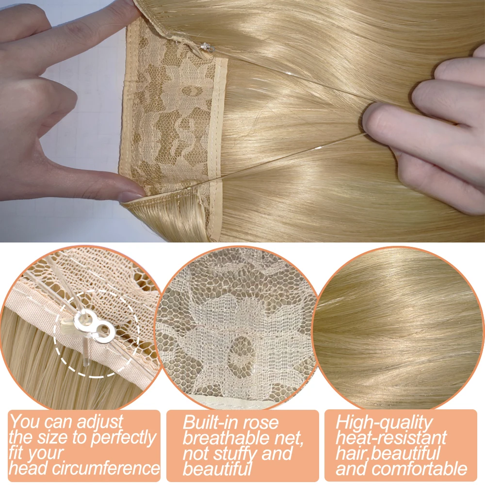 Extensión de cabello sintético sin Clips, alambre Invisible, Artificial, Natural, falso, largo, corto, recto, Rubio para mujer