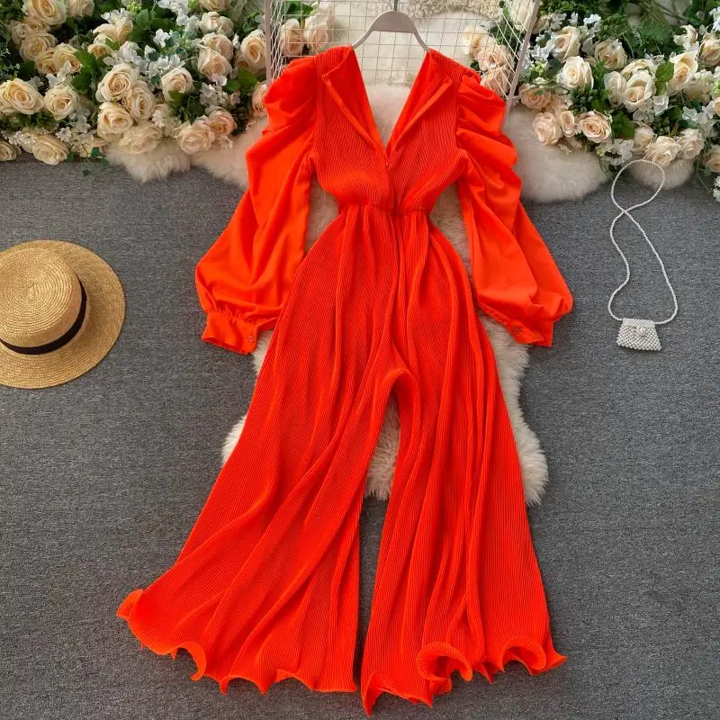 Phụ Nữ Sexy Xếp Ly Áo Liền Quần Thu Đông 2021 Chắc Chắn Tím/Đen/Trắng Jumpersuit Nữ Ren Ống Rộng Rủ Playsuits nữ Mới