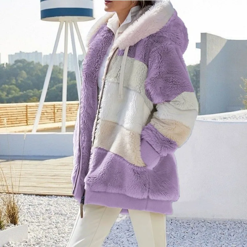 Abrigo holgado con capucha y bolsillo con cremallera para mujer, abrigo cálido de felpa con retales, otoño e invierno, 2021