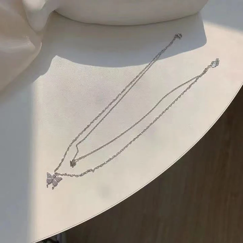 ใหม่เงาสร้อยคอผีเสื้อสุภาพสตรีประณีต Double Layer Clavicle CHAIN สร้อยคอเครื่องประดับสําหรับสุภาพสตรีของขวัญ