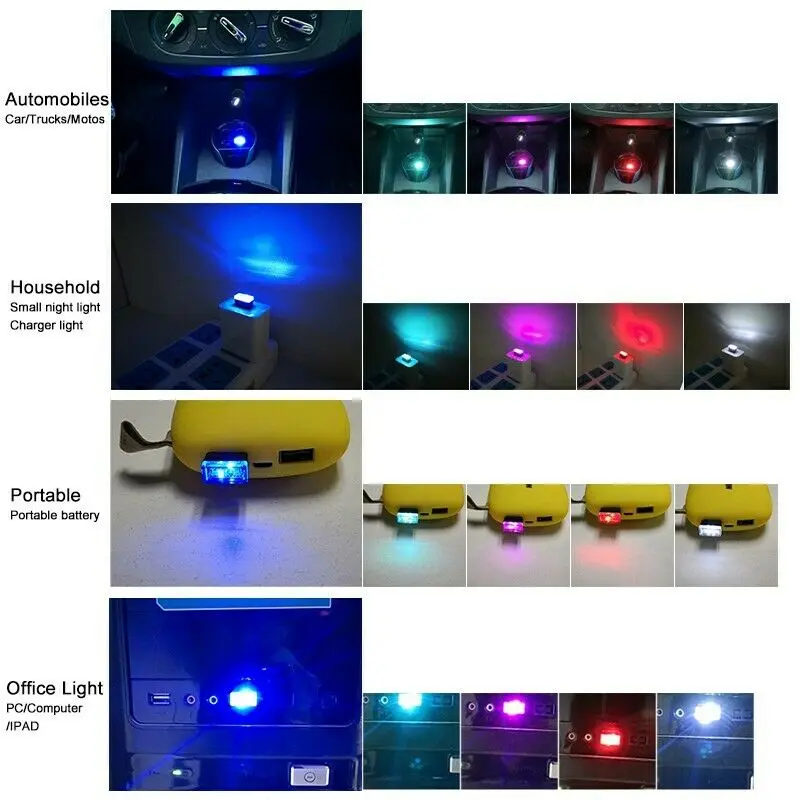 5Pcs Portable USB 5V Mini LED Light Colorful Night Lamp For Car Atmosphere Lamp Bright Accessory Distinctive Lights Effect