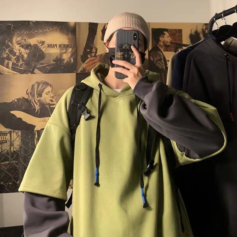 2024 Trend gefälschte zwei Hoodies Herren lose lässige koreanische Studentenmantel