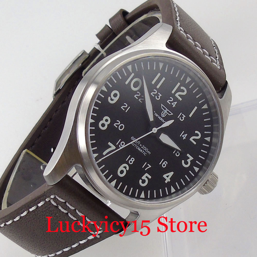 Tandorio 39mm NH35A 20bar Automatic Dive Pilot Men's Watches Sapphire Glass Green Luminous Dial Leather Strap Screw Crown