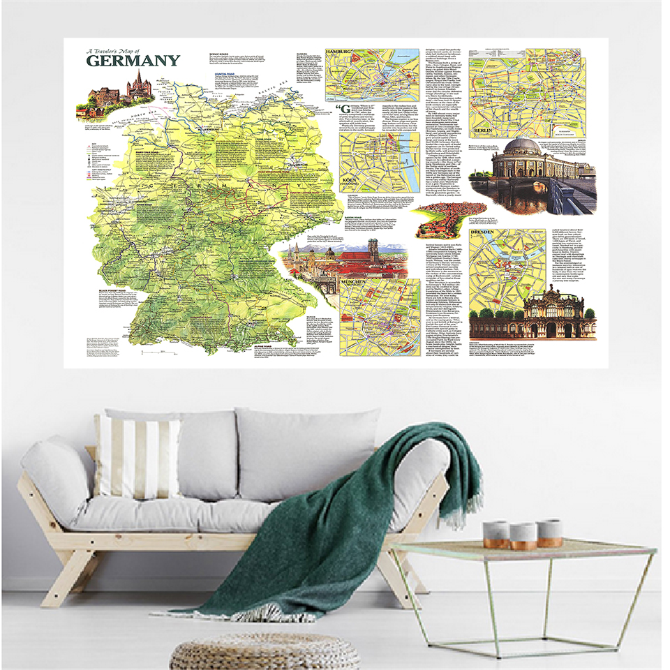 150*100センチメートル旅行地図ドイツ1991ビンテージポスターの不織布のキャンバス絵画リビングルーム装飾学用品