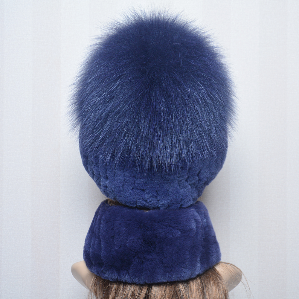 Neue Frauen Winter Luxus Echt Rex Kaninchen Pelz Hut Schal 2 Stück Gestrickte Rex Kaninchen Pelz Hut Top Natürliche Fuchs pelz Kappe Schals Sets