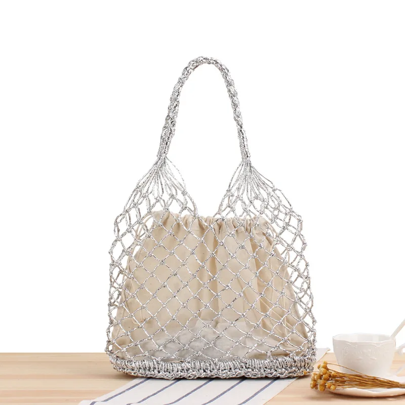 28X35CM Ins Mới Nguyên Chất Màu Vàng Và Bạc Ren Tay Túi Đeo Chéo Xu Hướng Nữ Phong Cách Tự Nhiên Túi Xách ống Hút Túi Túi Xách Đi Biển A7158