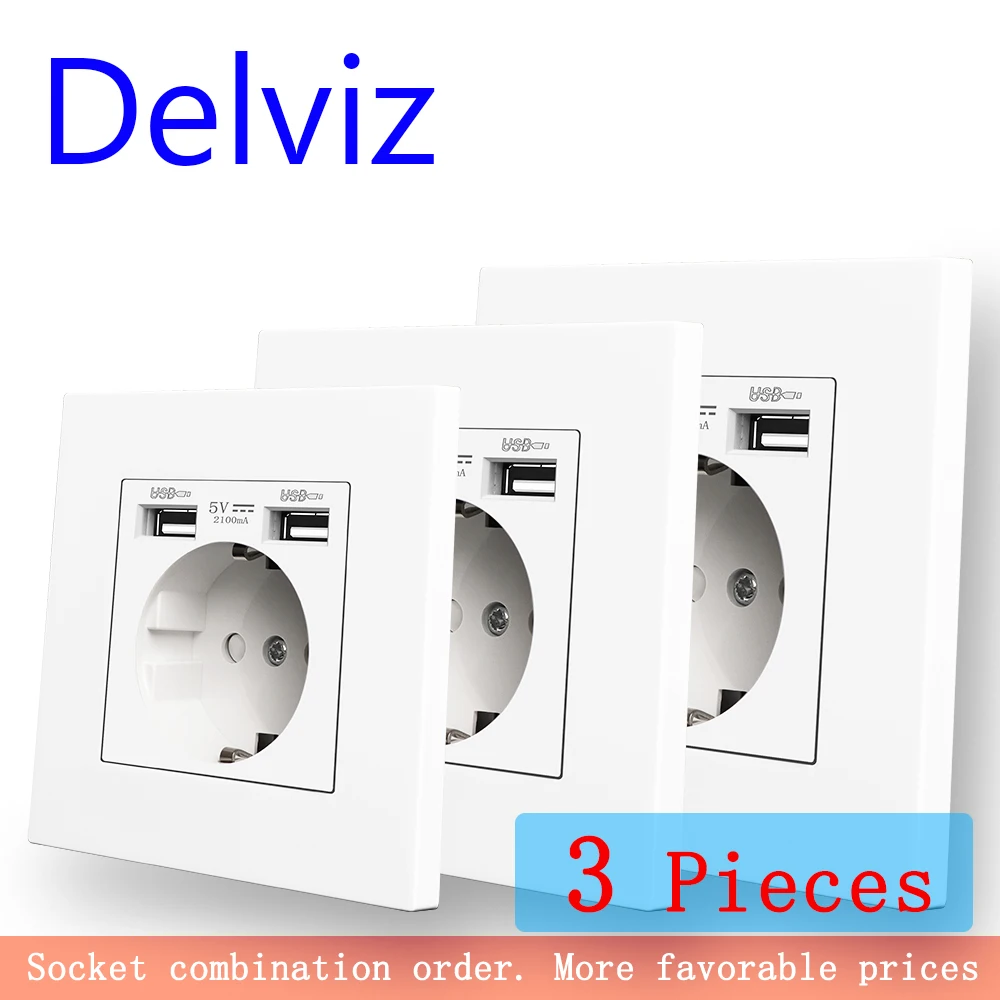 Delviz tomada de carregamento usb dupla, tomada de alimentação ac 110 ~ 250v, painel de material de pc branco, interface usb 2a, tomada de parede padrão da ue 16a
