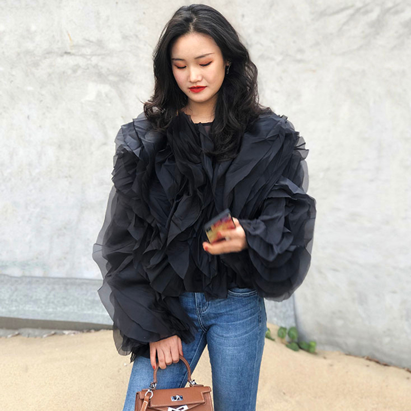 VGH Elegante Patchwork Rüschen Chiffon Blusen Frauen O Neck Laterne Lange Hülse Lose Hemd Weibliche Kleidung Mode Sommer 2022 Neue