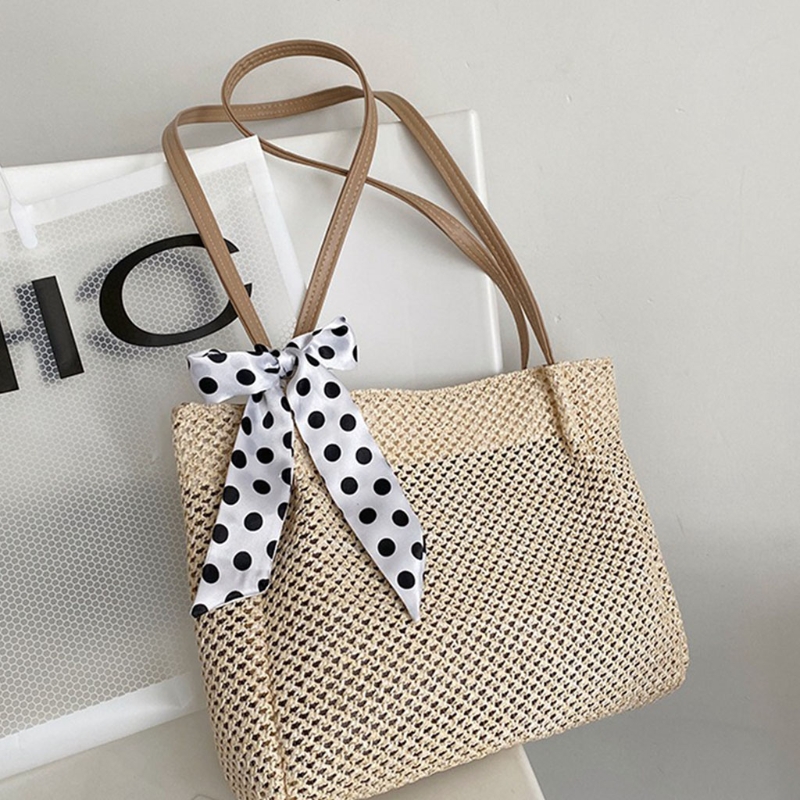 ผ้าพันคอผ้าไหมผู้หญิงฟางทอ Tote กระเป๋าสะพาย Casual ทอผ้าไหล่กระเป๋าขนาดใหญ่ความจุกระเป๋าเดินทาง Tote กระเป๋ากระเป๋าถือ