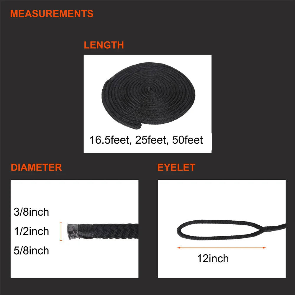 16 dây Đen Hai Bện Nylon Dockline Dock Dòng Neo Đậu thuyền Dây Thả NEO DOCKING Chiều dài Dây 16.5 Chân 25 chân 50 Chân