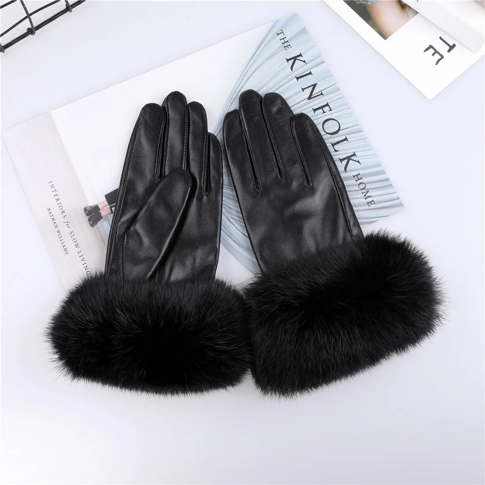 ใหม่มาถึงขายส่งผู้หญิงหนังSheepskinจริงถุงมือกระต่ายขนสัตว์Cuffsหญิงขี่จักรยานถุงมืออุ่นขนแกะซับ