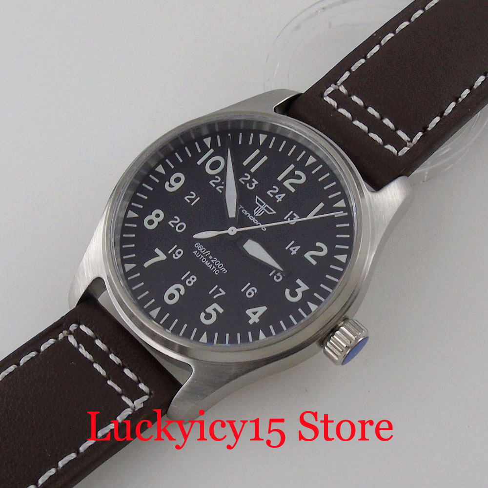 Tandorio 39mm NH35A 20bar Automatic Dive Pilot Men's Watches Sapphire Glass Green Luminous Dial Leather Strap Screw Crown