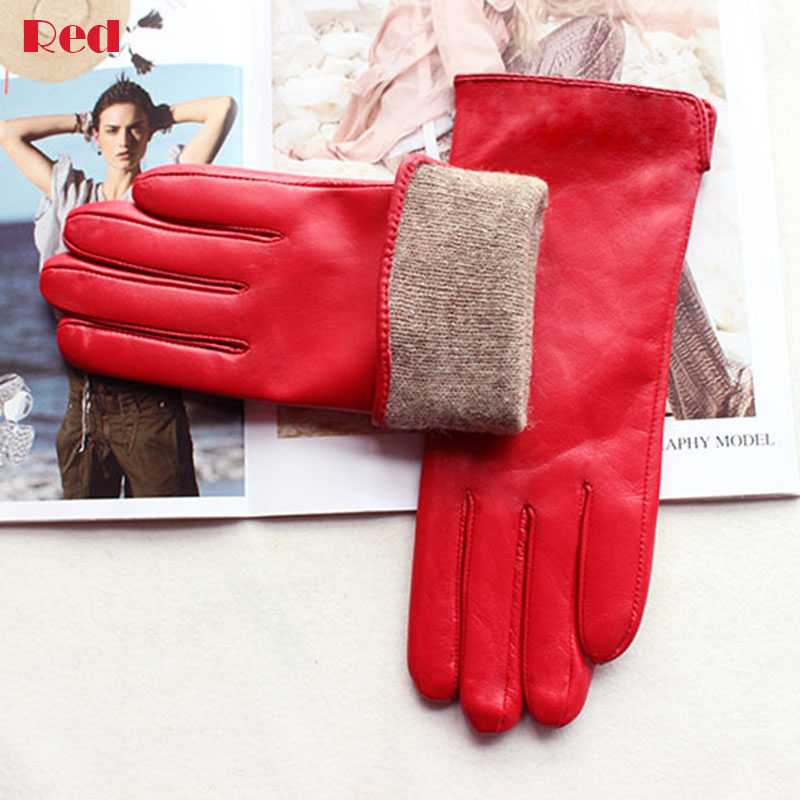 Guantes de piel de oveja de cuero para mujer, forro polar cálido de otoño, Color, moda fina, actividades al aire libre, bicicleta eléctrica, conducción
