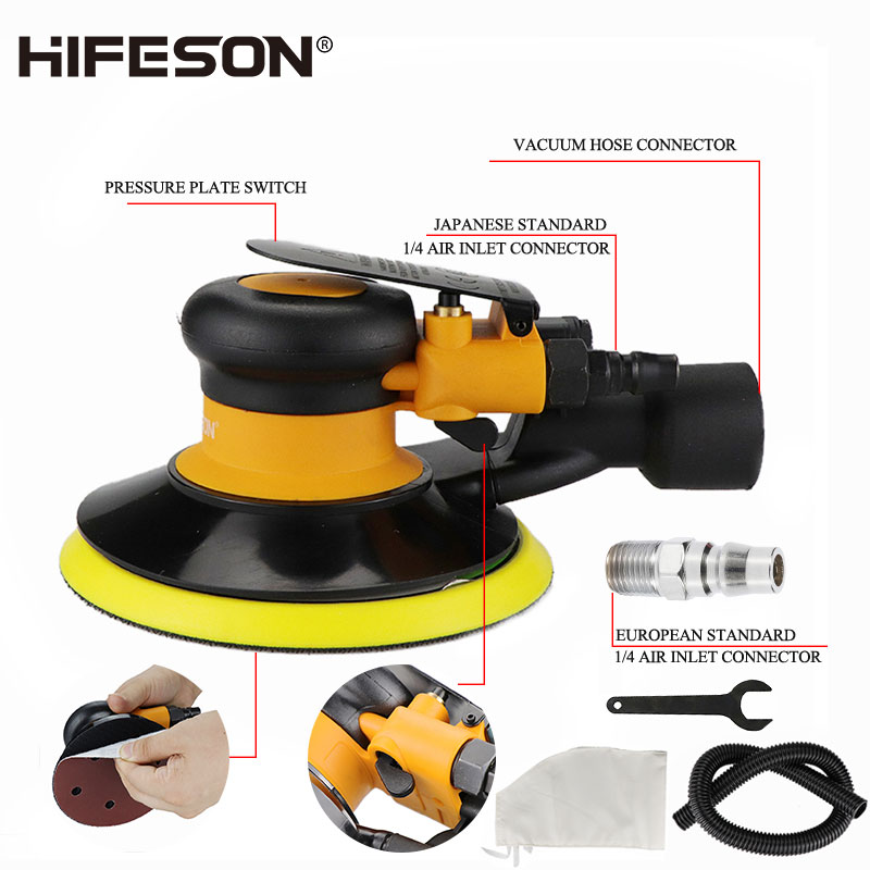 Moedor de ar pneumático da lixadeira orbital de HIFESON, ferramentas pneumáticas da máquina de polimento/moagem excêntrica a vácuo de 125mm/150mm