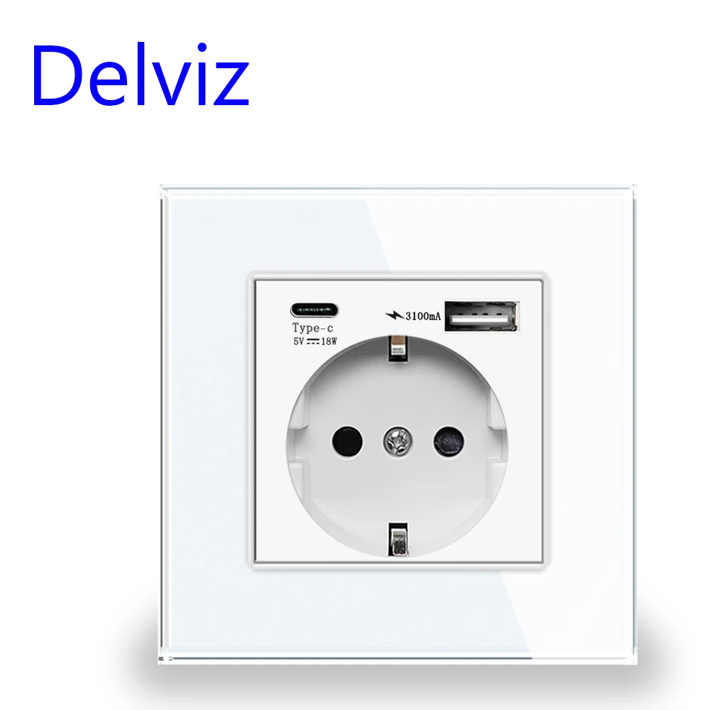 Delviz Soket Daya USB Tipe C, Port Usb Isi Daya Cepat, Panel Kaca Kristal, Outlet 16A STANDAR UE, Sakelar Pintar Lampu Dinding WiFi
