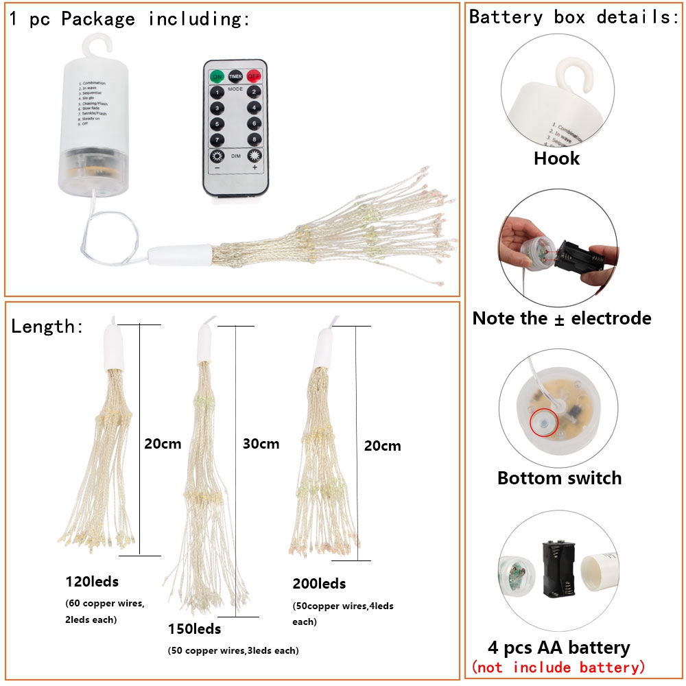 200 LED String Lichter Hängen Starburst Lampe DIY Feuerwerk Fee Lichter Weihnachten Girlande Festival Decor Remote Twinkle Lichter