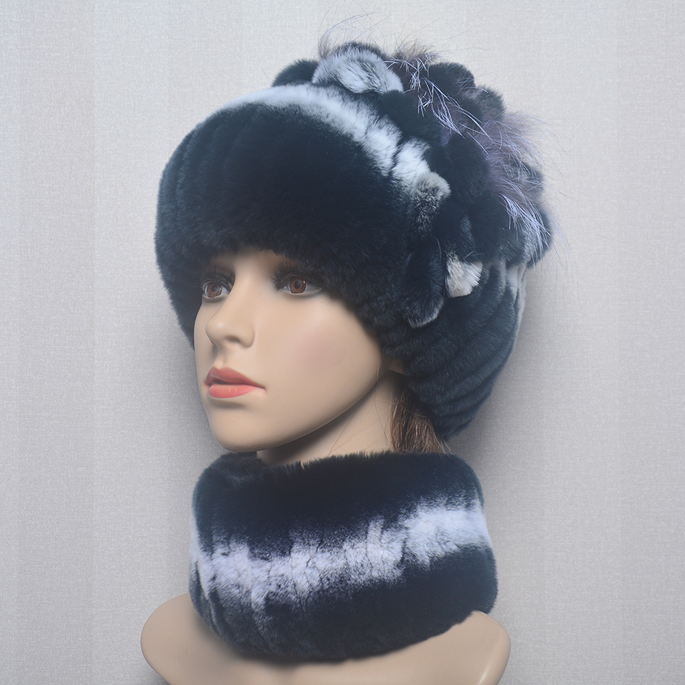 Nuevas mujeres de invierno de lujo Real Rex sombrero de piel de conejo bufanda 2 piezas de punto Rex sombrero de piel de conejo con gorro de piel de zorro plateado bufandas conjuntos