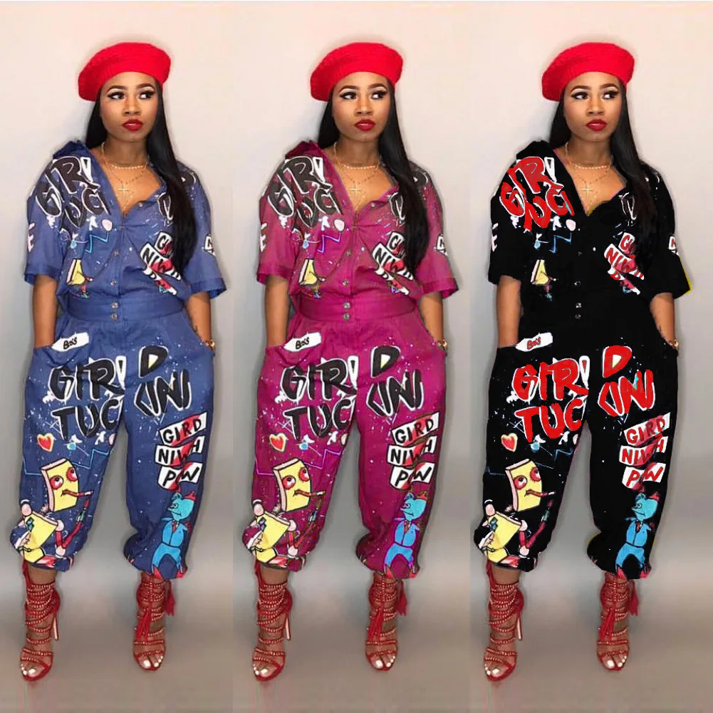 2020 w nowym stylu marka moda styl hip-hopowy kobiety kombinezon specjalny list skręcić w dół kołnierz pół rękawa kombinezon Romper