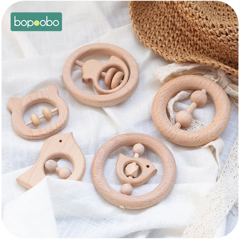 Bopoobo-赤ちゃん用の木製歯がためリング,5つの木製ガラガラ,食品品質,おもちゃ,モバイルエイド,幼児用のガラガラ