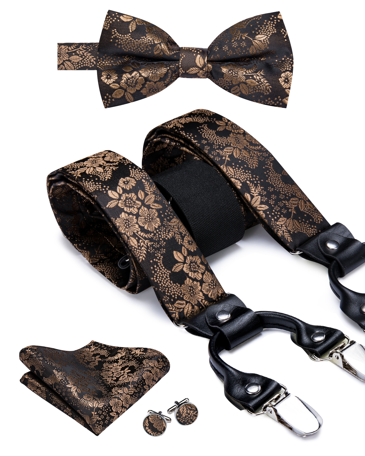 Hi-Tie Zijde Volwassen Mannen Bretels Set Lederen Metalen 6 Clips Bretels Goud Bruin Bloemen Vintage Mannen Mode bruiloft Bretels Mannen