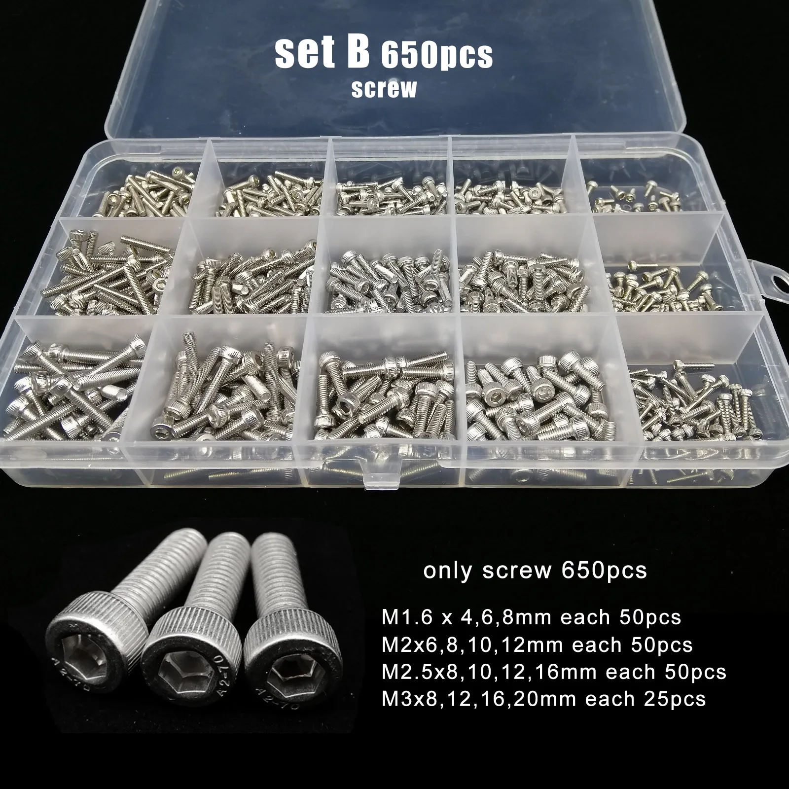 รวม 400/650/1140/2100X M1.6 M2 M2.5 M3 M4 M5 304 สแตนเลสสตีลHexagon Hex Socket CapหัวสกรูBolt NutชุดAssortment Kit