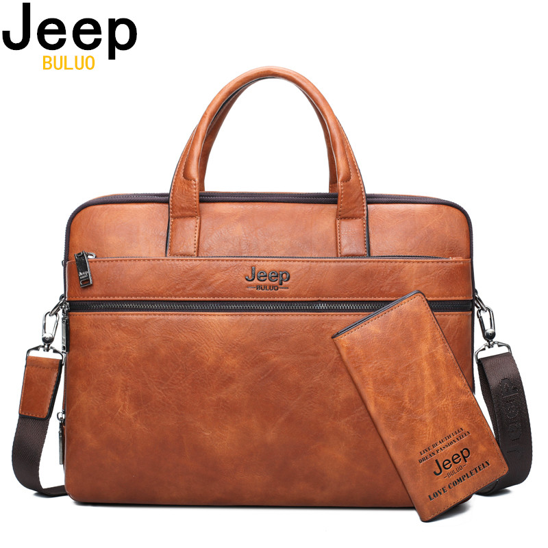Jeep buluo marca maleta de negócios do homem saco 2 pçs/set dividir couro bolsa ombro sacos escritório para 14 polegada portátil a4 causel