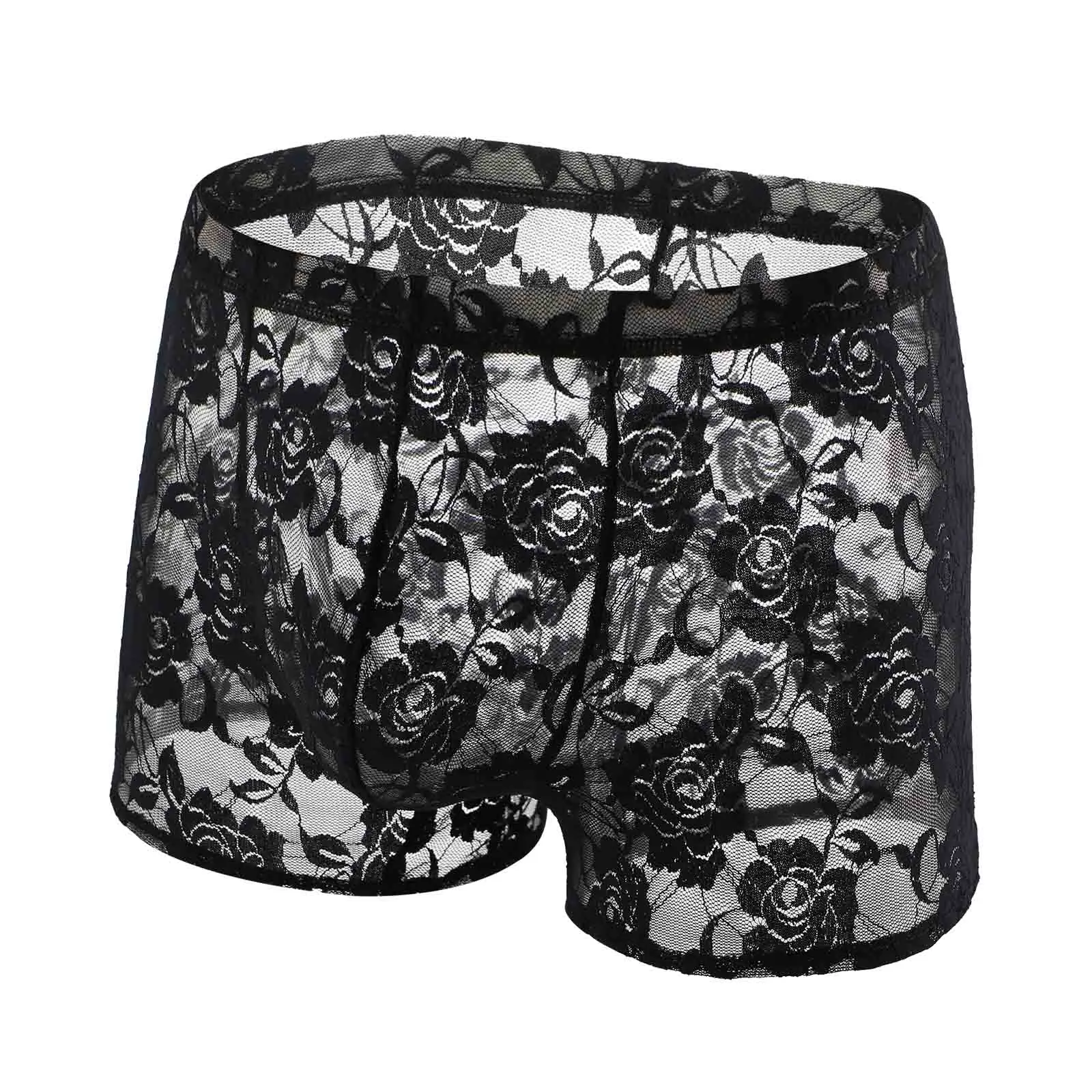 CLEVER-MENMODE Ropa interior de encaje para hombre, bragas sexis transparentes, Boxers, bolsa para pene, calzoncillos transparentes de malla de pierna larga, calzoncillos tipo bóxer
