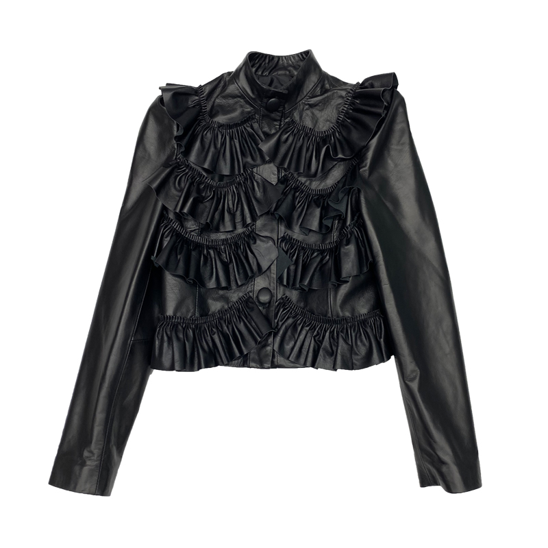 Stand Collar Pleated Ruffles Short High Waist Jacket Women Real Leather Sheepskin Cropped Coat Fashion Slim Jackets S-3XL