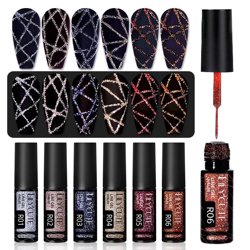 LILYCUTE 5ML Bright Sparkling Champagne Gold Liner Gel Nail Polish French Style Reflective Glitter Pull Line Graffiti Stripe Gel