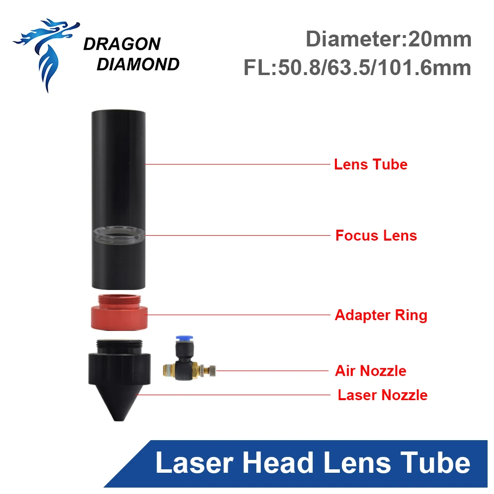 CO2 Laser Head Lens Tube+Air Nozzle Outer Diameter 25mm for Lens Dia.20 FL 38.1/50.8/63.5/101.6mm for CO2 Laser Cutting Machine