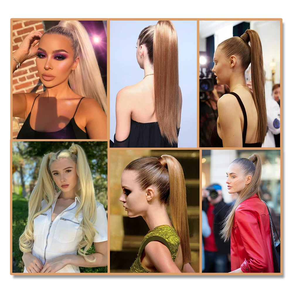 My-diva longa reta resistente ao calor sintético rabo de cavalo extensão do cabelo envoltório em torno do grampo de cabelo falso na cauda de pônei marrom