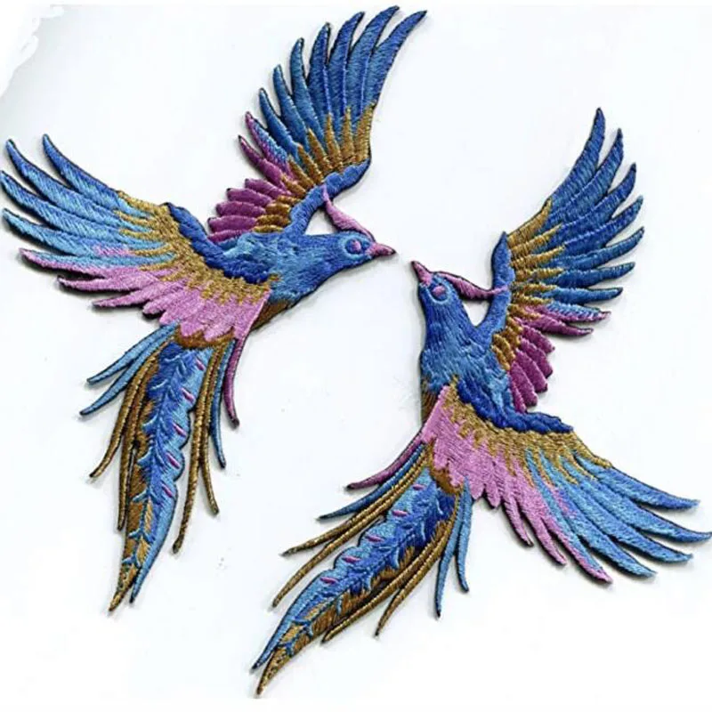 Phenix Birds Azure azul rosa dorado, apliques bordados, parches para planchar, par