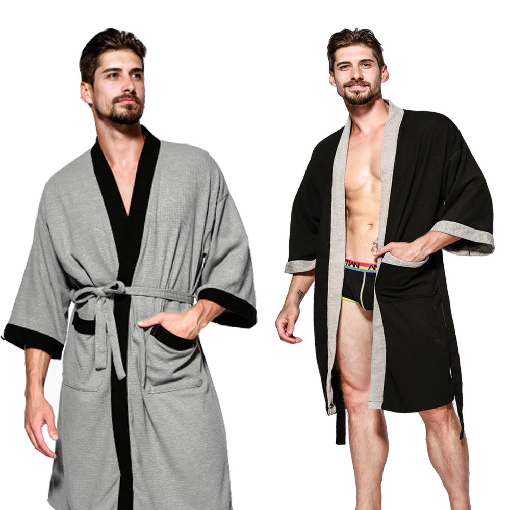 Albornoz tipo kimono de algodón para hombre, ropa de dormir para pareja, bata negra, ropa de dormir holgada informal para Sauna Yukata, ropa para el hogar para primavera y verano