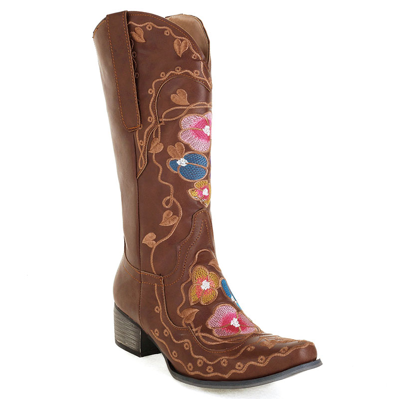 Lasyarrow 2021 Sepatu Bot Wanita Gaya Barat Koboi Pertengahan Betis Sepatu Bot Bordir Hak Rendah Chunky Sepatu Bot Wanita Fashion Ujung Persegi Slip-On